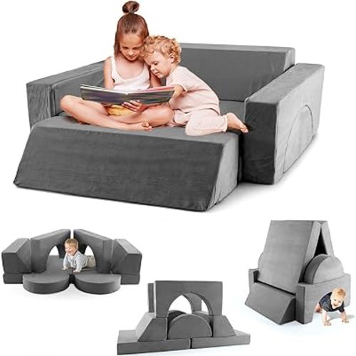 INFANS Mondular Kids Play Couch, 8PCS Toddler Sectional Sofa Building Fort for Playroom, Bedroom, Imaginative Convertible Floor Cushion, Foam Nugget Set for Boys and Girls (Grey)