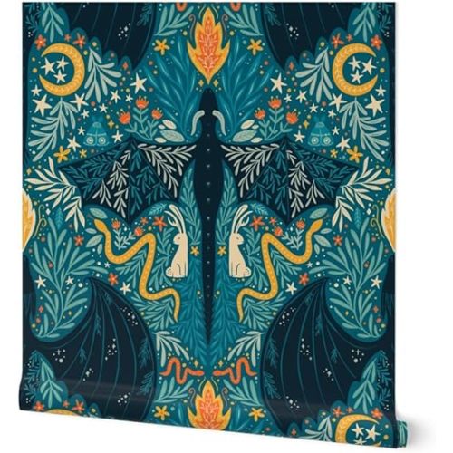 Spoonflower Peel & Stick Wallpaper Swatch - Folk Dragons Fairy Tale Botanical Whimsical Room Magical Dragons Jackalopes Maximalist Custom Removable Wallpaper