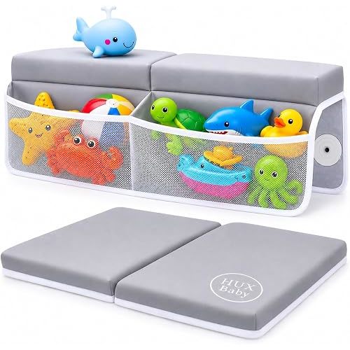 Comfortable Baby Bath Kneeler and Elbow Rest Pad Set, Non-Slip Bathtub Kneeling Pad for Bathing Baby, Bath Tub Cushion Mat, Elbow Pads, Toy Organizer Storage Pockets, Strong Suction Cups