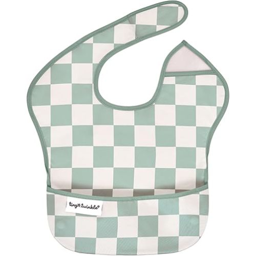 Tiny Twinkle Mess-Proof Baby Bib - Waterproof Bib for Baby Boy or Girl - Machine Washable - Adjustable Closure - PVC, BPA, & Phthalate Free - Great for Travel - Baby Food Bibs, Sage Checkers, 6-24M