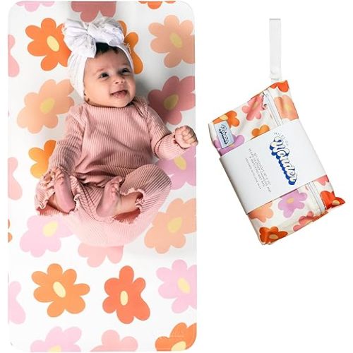 Leather Changing Mat with Reusable Waterproof Wet Bag, (16 x 30 Inches) Baby Changing Mat, Non-Toxic Changing Pad Portable Folds and Wipes Clean, Baby Changing Pad Travel (Floral)