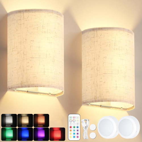 UMEXUS Battery Operated Wall Sconces, Rechargeable Wireless Lamps Set of Two, RGB Colors, Linen Shade