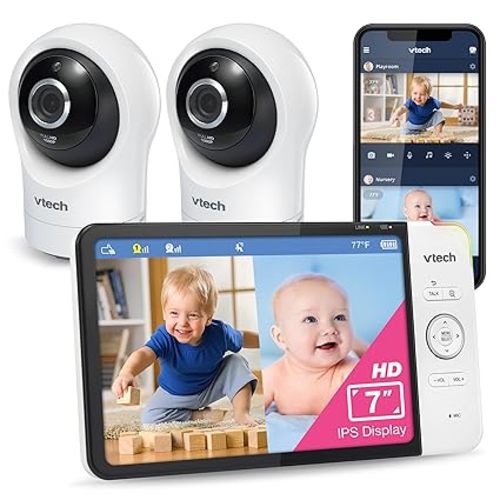 VTech RM7764-2HD Smart WiFi Baby Monitor with 2 Cameras, 1080p HD Video, 360° Pan & Tilt, 10x Zoom, 7" HD Parent Unit, Night Vision, Soothing Sounds, 2-Way Talk, Temperature & Motion Detection