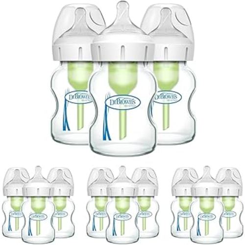 Dr. Brown's Natural Flow Anti-Colic Options+ Wide-Neck Glass Baby Bottles 5 oz/150 mL, with Level 1 Slow Flow Nipple, 12 Pack, 0m+