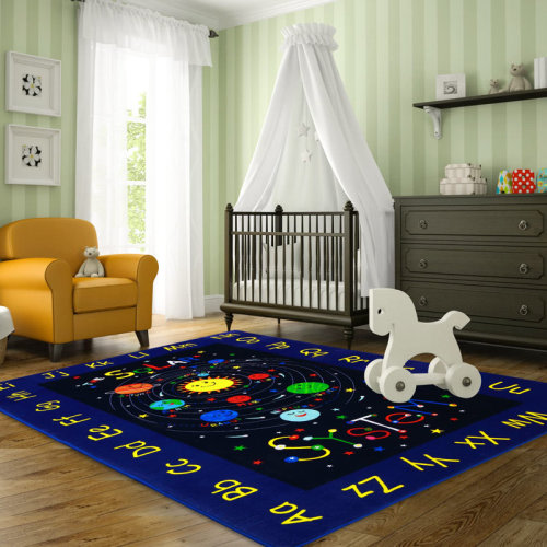 Ebern Designs Large Area Rug - Outer Space Solar System ABC Alphabet Non-Slip Low Pile Blue Kids Play Mat | Wayfair