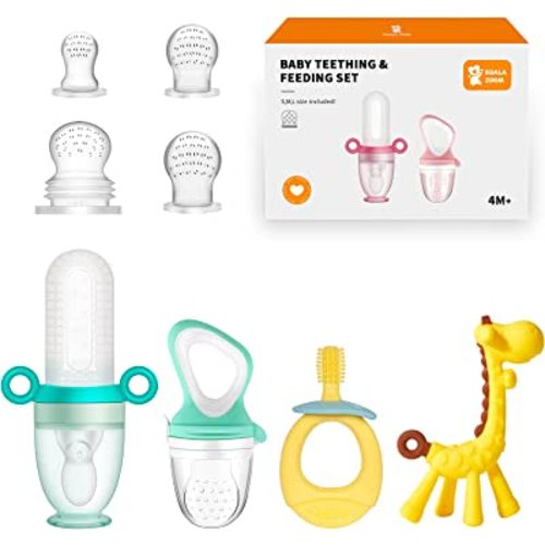 KoalaZoom Baby Teething Toy with Baby Food Feeder Fruit Feeder Pacifier, Baby Silicone Toothbrush Teether and Silicone Squeeze Baby Spoon Feeder for Self Feeding, Baby Feeding Supplies First Stage