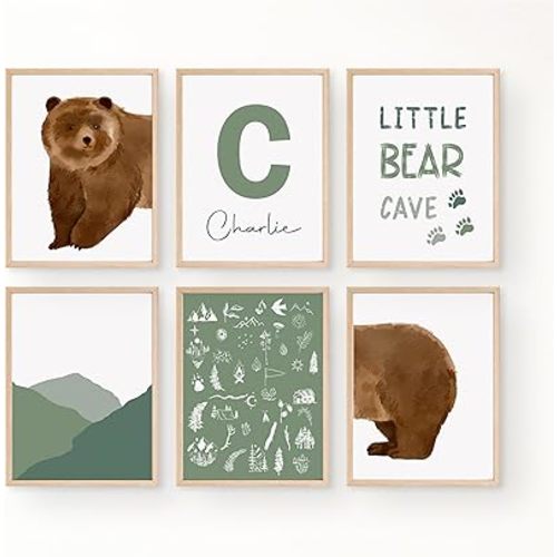 Personalized Name Boho Bear Nursery Wall Art Prints, Crib & Nursery décor, Newborn Baby Gift Present, Woodland Animal Baby Room Pictures, Poster For Boy/Girl Baby And Kids – 8x10 (6 Prints, Green)