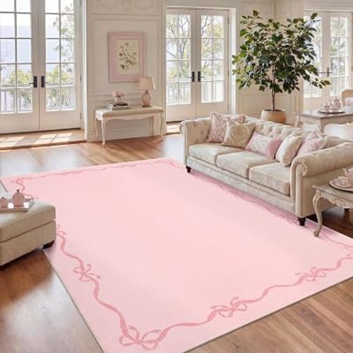 Garvee Solid Pink Rug for Living Room, Coquette Bow Pink Rugs for Bedroom Girls with Soft Low Pile, Non Slip Washable Rug 8x10 for Nursery Kids College Dorm Dining Room Playroom Carpet