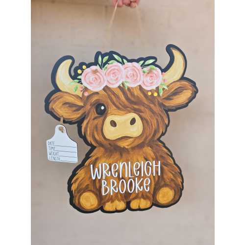 Floral Highland Cow Printed Custom Personalized Name Sign | Hospital Door Hanger | Cow Announcement | Custom Baby Name Sign | Name Signs