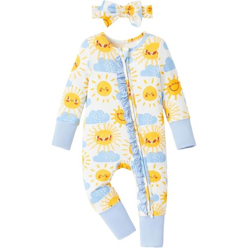 PATPAT Baby Girl Boy Footie Clothes, Soft Viscose from Bamboo, 2-Way Ruffled Zipper, Fold-Over Mittens & Cuffs with Headband