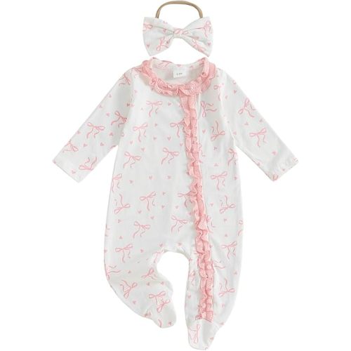 Newborn Baby Girl Outfit Bow Ruffled Long Sleeve Zipper Footie Romper Infant One Piece Jumpsuit Fall Clothes Headband