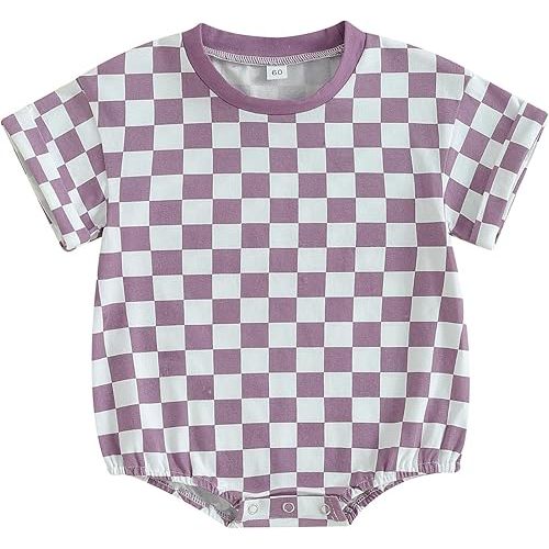 Karuedoo Newborn Baby Boy Girl Clothes Checkered T-Shirt Bubble Romper Oversized Short Sleeve Onesie One-Piece Summer Outfit