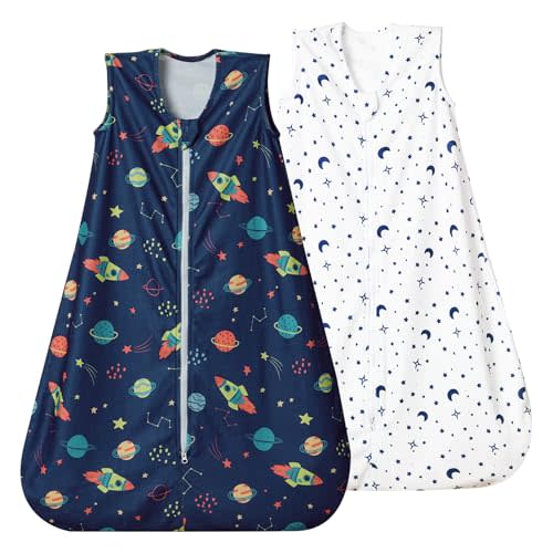 david's kids Micro Fleece Baby Sleep Sack 6-12 Months, Soft Warm Baby Wearable Blankets with 2-Way Zipper, 2 Pack Comfy Sleeping Bags for Infant Newborn Boys Girls Neutral, Medium Size, Space Navy