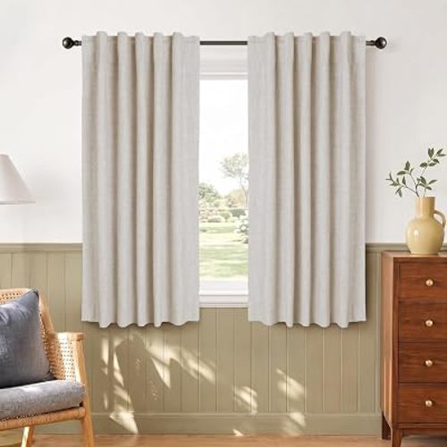Linen Textured Total Blackout Curtains for Bedroom 63 Inches Long, Cream