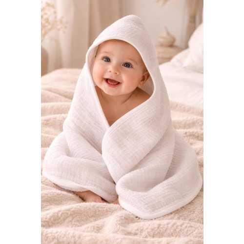 Muslin Hooded Baby Towel 100% Cotton, Soft Absorbent Baby Bath Wrap, Newborn Infant Toddler Blanket, Shower Gift, Unisex Neutral