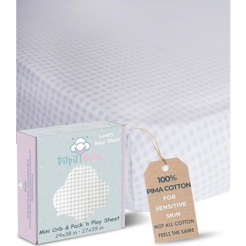 Mini Crib Sheet for Pack ’n Play 24x38 & 27x39 – 100% Peruvian Pima Cotton – Softer Than Muslin – Breathable & Hypoallergenic – Baby Bedding for Sensitive Skin – Pilpil Baby – Blue Gingham