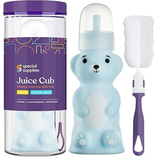Special Supplies Honey Bear Straw Cup Long Straws, Squeezable Therapy and Special Needs Assistive Drink Container, Spill Proof and Leak Resistant Lid (Pack of 1 Bottle and 3 Straws) (Blue)
