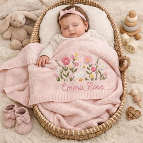Personalized Embroidered Goose Floral Baby Blanket - Duck Wildflower Knit Throw, Newborn Blanket, Nursery Keepsake, Newborn Gift For Baby