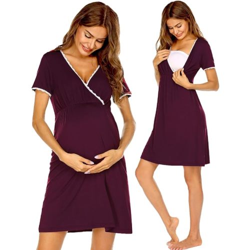 Ekouaer Nursing Nightgown Delivery and Labor Gown for Hospital Short Sleeve Maternity Breastfeeding Dress