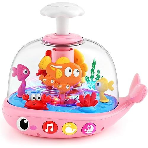 Baby Girl Toys 6-12 Months - Press & Spin Aquarium Light Up Musical Toy for Infant Toy 9-12-18 Months - Bilingual Learning Toddler Toys for 1 2 3 Year Old Boy Girl (Pink)