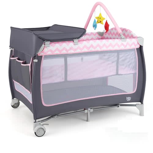 BABY JOY 4 in 1 Pack and Play, Portable Baby Playard with Bassinet, Side Zipper Door, Changing Table, Indoor Outdoor Travel Nursery Center w/Hanging Bar, Lockable Wheels, Carry Bag