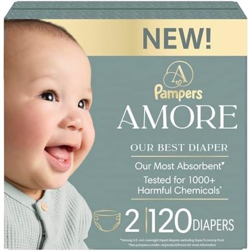 Pampers Amore Diapers Size 2, 120 Count, with Pampers Aqua Pure Water Based Baby Wipes 6X Flip-Top Packs (336 Count)