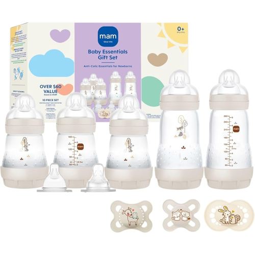 MAM Newborn Essentials Matte Feeding Set with Easy Start Anti-Colic Bottles 5oz, Self-Sterilizing, 0-3 Months Pacifiers and Skinsoft Silicone Nipples, Baby Gift, 10 Pieces