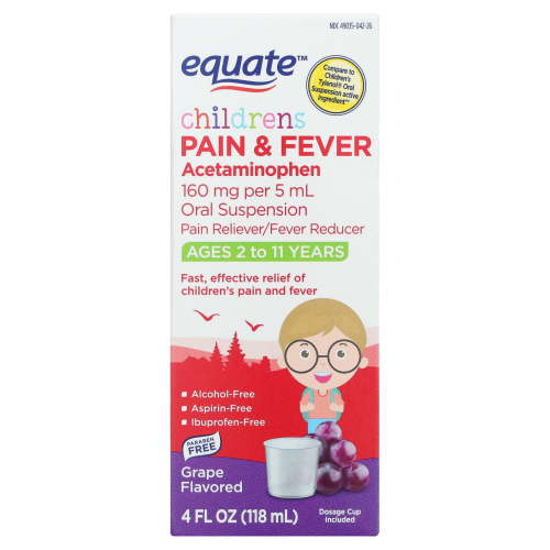 Equate Children's Pain & Fever Acetaminophen Oral Suspension, 160 mg, Grape Flavor, Ages 2 to 11 Years, 4 fl oz, Compare to Children's Tylenol® Oral Suspension Active Ingredient HSA/FSA Eligible