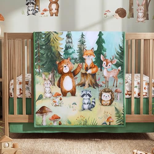 Peryiter 3 Pcs Woodland Animal Crib Sheet Set Baby Crib Bedding Set Includes 52"x28" Fitted Sheet, Quilt, Bed Skirt for Newborn Boy Girl Cute Nursery Newborn Sheets Decor