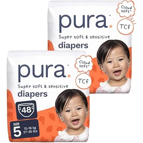 Pura Baby Diapers Size 5-48 Count, 27-35lbs, 12hr Leak Protection, Cloud Soft & Gentle Diapers for Hypoallergenic & Sensitive Baby Skin, Toxin-Free*, Organic Cotton, Blowout Blocker™, New Size Guide