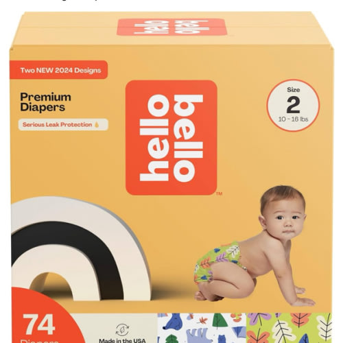 Hello Bello Premium Diapers Size 2, Happy Camper & Live Leaf Love Designs, 74ct Club Box
