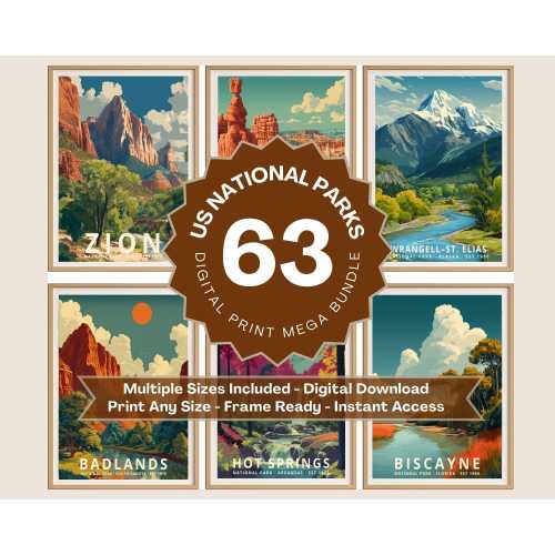 63 National Parks Vintage Poster Bundle, US Parks Wall Art, Retro Printable Travel Decor, Digital Download, Adventure Gift