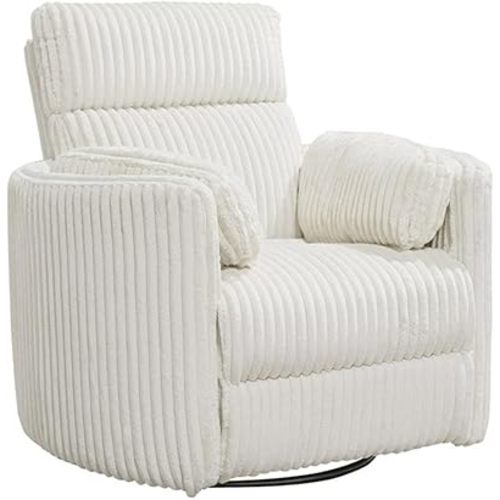 Pemberly Row Modern Chenille Fabric Swivel Glider Recliner, Mega Ivory Finish, 40"W x 37"D x 40"H, Foam Cushioned, Power Reclining, 240-Degree Swivel, Glider Rocking Motion, USB Charger, Residential
