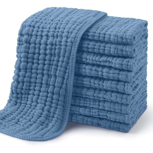 Yoofoss Muslin Burp Cloths for Baby 10 Pack 100% Organic Cotton Baby Washcloths for Boys Girls Large 20''X10'' Super Soft and Absorbent Apricot,Denim Blue