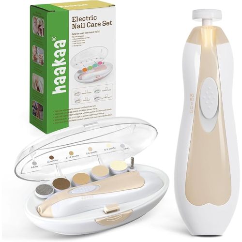 haakaa Baby Nail File Electric Baby Nail Care Set with LED Light, Baby Nail Clippers for Newborn/Infants/Adults Toenails and Fingernails, 6 Replacement Heads & Storage Case, Acorn
