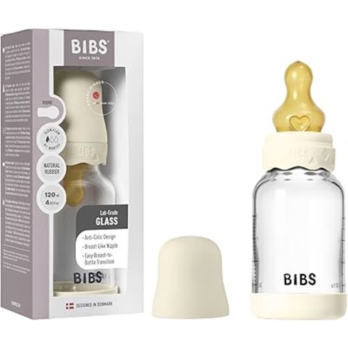 BIBS Boheme Baby Glass Bottle 4 oz /120 ml. Anti-Colic. Round Natural Rubber Latex Nipple. Supports Natural Breastfeeding - Ivory