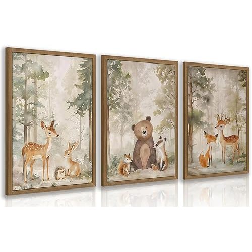 Clicyre Woodland Animal Wall Art Set of 3, Teddy Bear Nursery Wall Decor, Cute Deer Fox Bear Canvas Prints, Rustic Wildlife Forest Artwork for Boys Girls Nursery Bedroom Playroom Wood Framed 12x16 Inch