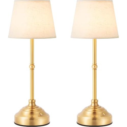 2 Pack Cordless Table Lamp, Rechargeable Desk Lamp with Fabric Shade, Battery Operated 3 Color Stepless Dimming, Small Touch Bedside Lamp Home Decor for Dining, Counter(Brushed Gold)