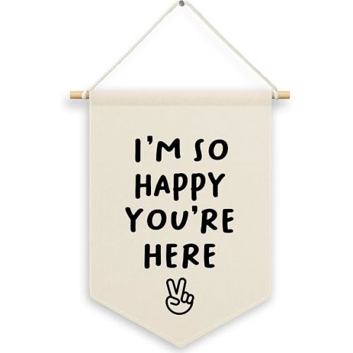 I'm So Happy You're Here Kids Room Decor, Playroom Classroom Banner Canvas, Nursery Minimalist Wall Hanging Frame Decor Art Pennant Flag for Toddler Room Preschool Dorm Little Boy 11x15in