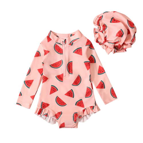 Kiijoy Newborn Girls Ruffle Zip One-Piece Swimsuit Long Sleeve Rash Guard with Hat Swimwear