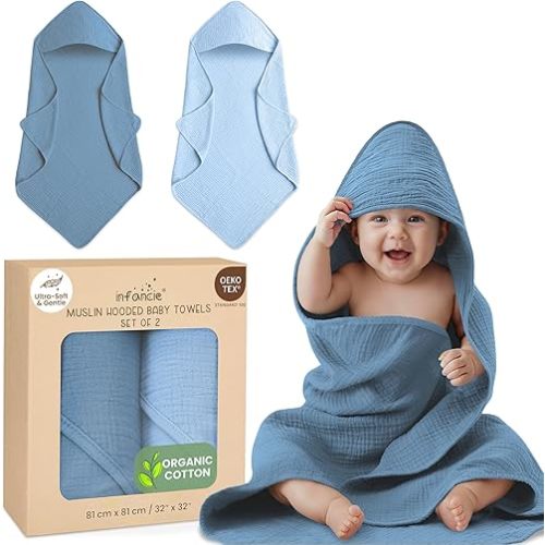 Organic Cotton Muslin Baby Hooded Towels - 32x32 Inch, 2 Pack Newborn Bath Towels for Boys & Girls, Soft & Absorbent Bath Set (Deep Blue/Aquarius)