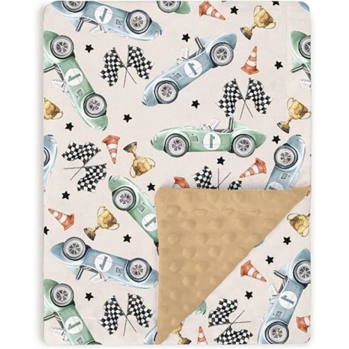 Baby Blankets for Boys 30" x 40", Soft Double Layer Minky Blanket with Dotted Fleece Back, Nursery Bed Receiving Quilt for Newborn Infant Toddler Shower Gift Brown Retro Race Car Theme