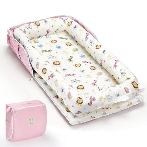 Baby Lounger for Newborn, Huggynest Portable Infant Lounger for 0-12 Months Newborn, Home Travel Dual-Purpose Baby Nest (Animal World Pink)