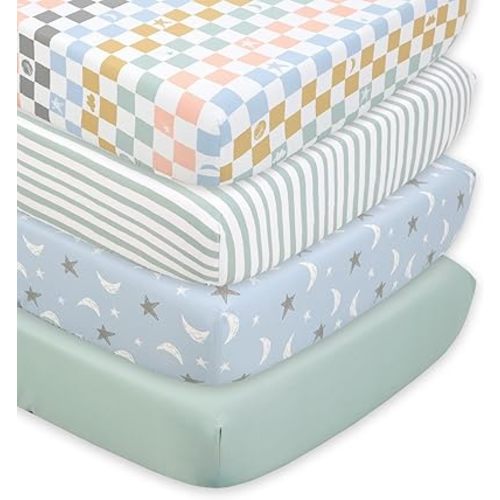The Peanutshell 4-Pack Celestial Checkered Baby Crib Sheets for Boys Girls Gender Neutral Fitted Crib Sheet for Standard Crib and Toddler Mattress, Breathable Soft Baby Sheet Bed Room Essentials Green