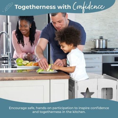 Guidecraft Classic Kitchen Helper Kids' Step Stool: Folding, Adjustable Kids Non-Slip Learning Toddler Tower with Safe Keepers