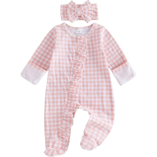 Newborn Girls Fall Outfits Long Sleeve Romper Plaid Print Footed Zipper Jumpsuit with Bow Headband Infant Clothes