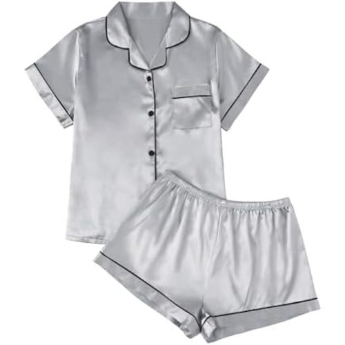 LILLUSORY Silk Satin Pajama Set for Women 2 Piece Lounge Pjs Shorts Matching Summer Sleepwear Button Down Shirt Shorts