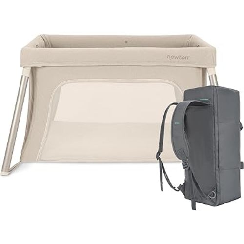Newton Baby Compact Travel Crib & Play Yard | Breathable & Washable Mattress, Foldable Carry-On Size, Backpack Straps, Sand, Newton Bassinet Attachment NOT Included or Compatible
