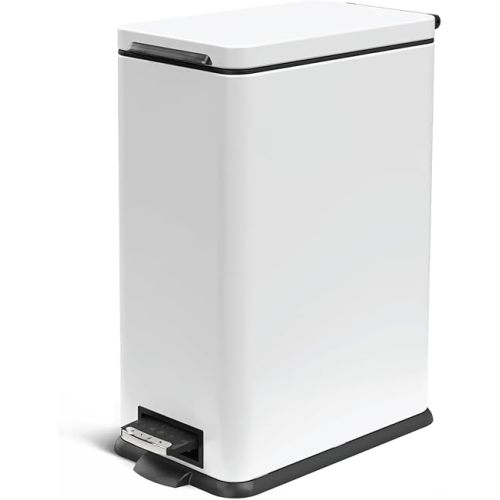 Home Zone Living 8 Gallon Slim Kitchen Trash Can with Soft Close Lid, Step Pedal, Bag Tuck Band, and Removable Liner, Stainless Steel, Matte White, 30 Liters