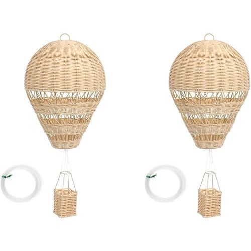 Ipetboom 2pcs Natural Rattan Woven Hot Air Balloon Decor - Hanging Ornament for Kids Room Nursery Wall Art Home Decorative Supply - 13. 4x9. 8x2. 4in